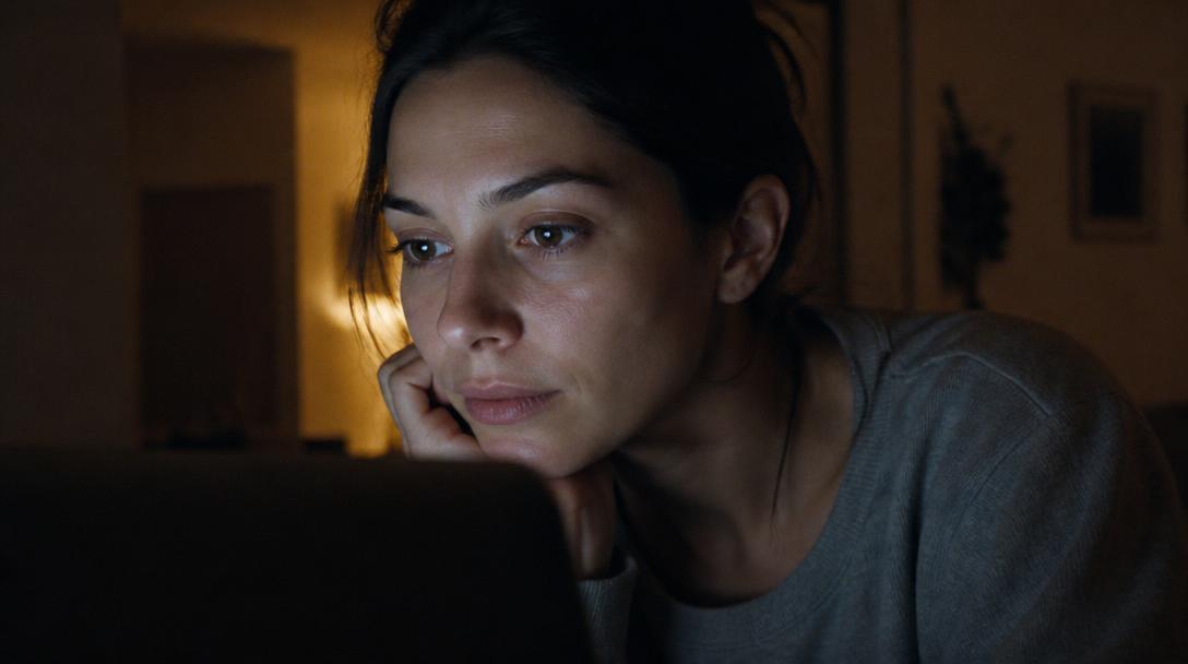 Person's face lit by a laptop screen while watching video at home