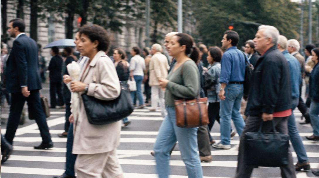 Diverse crowd of people crossing a city street in daylight