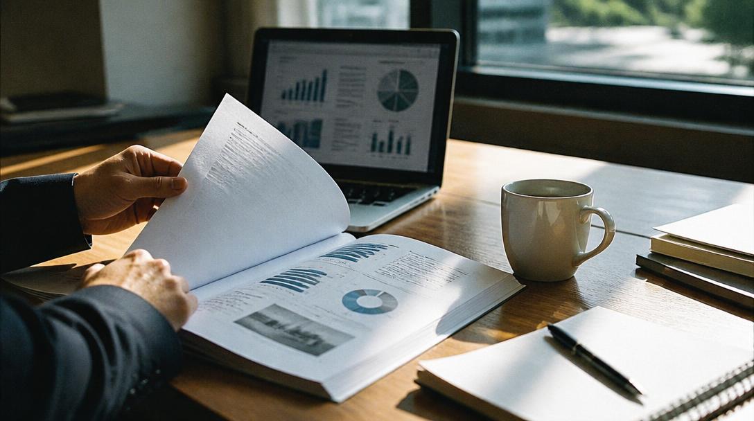 Hands turning the page of a printed insights report beside a laptop showing charts