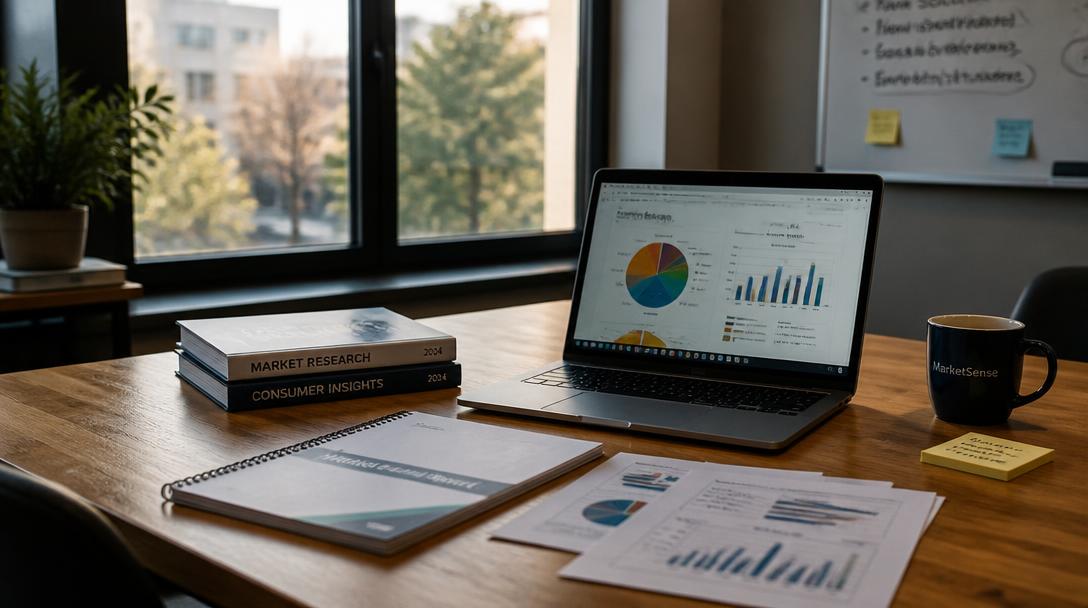 Modern market research desk with laptop showing data charts and printed research reports, soft natural light through a window