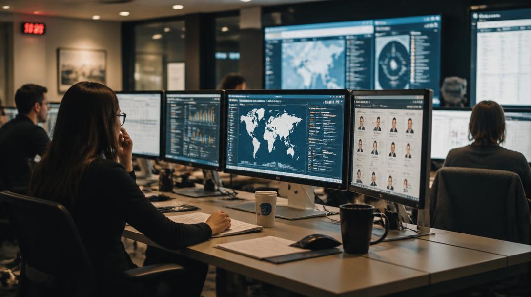 Research operations center with multiple monitors displaying dashboards, maps, and participant data
