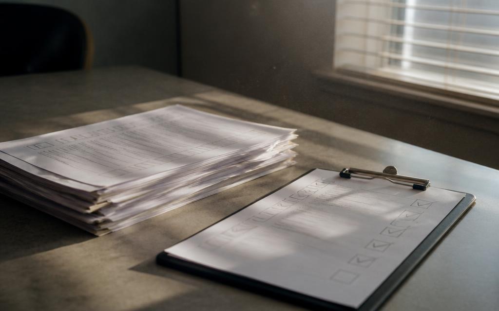 Stack of printed survey questionnaires and a clipboard with checked boxes on a table
