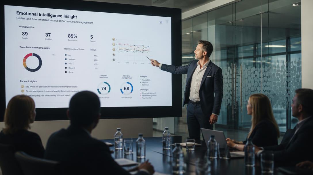 Executive presenter in a boardroom pointing to a large screen showing emotional intelligence data and insights