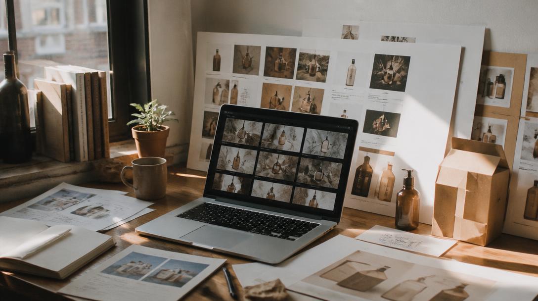 Designer desk with creative boards, packaging mockups, and a laptop showing ad frames